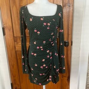 Free People Celia Green Pink Floral Polkadot Long sleeve Mini dress Large NWT